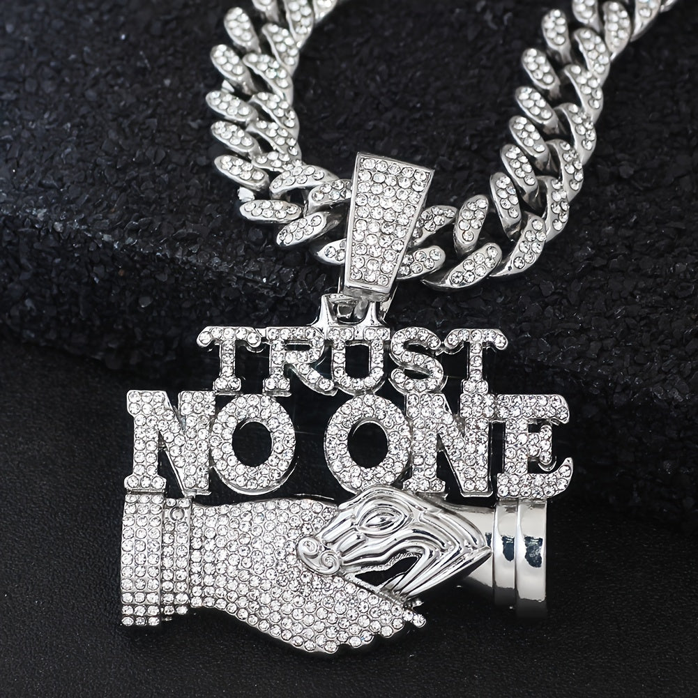 1pc Trust No One Pendant Necklace for Men & Women - Edgy Hip-Hop Cuban Link Chain with Rhinestone Accents, Bold Statement Jewelry Gift for Birthdays, Father's Day, Mother's Day, Statement Necklace | Luxury Pendant | Highquali